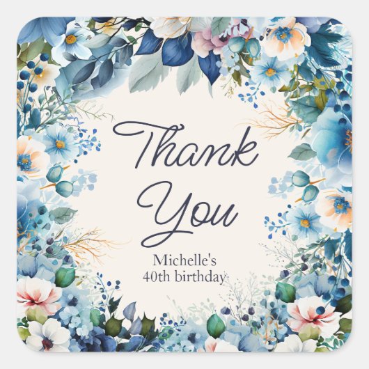 Blue White Floral Women's Birthday Danke Quadratischer Aufkleber (Vorderseite)
