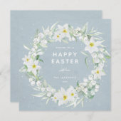 Blue + White Floral Wreath Happy Oaster Flat Card Einladung (Vorne/Hinten)