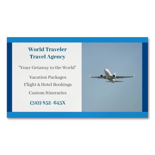 Blue White Flugzeug Agent Airplane Travel Agency Magnetische Visitenkarte (Vorderseite)