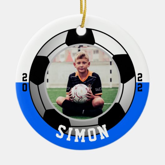 Blue White Foto Soccer Einseitig Keramik Ornament (Vorne)