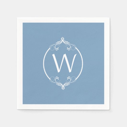 Blue White Frame Monogram Paper Napkins Serviette (Vorderseite)