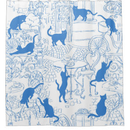 Blue White French Cat Paris Café Dusche Vorhang