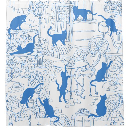 Blue White French Cat Paris Café Dusche Vorhang (Vorderseite)