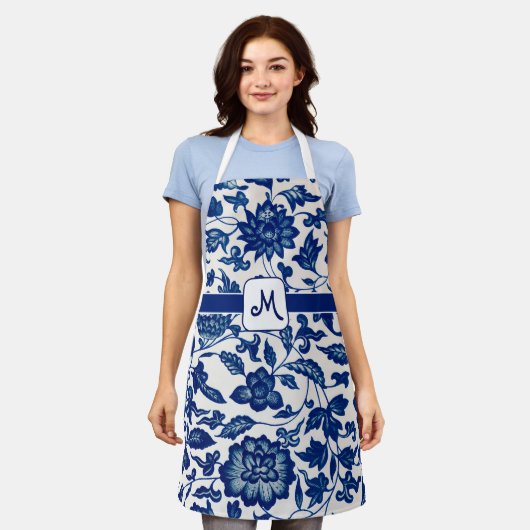 Blue White French Country All Over Print Apron Schürze (Getragen)