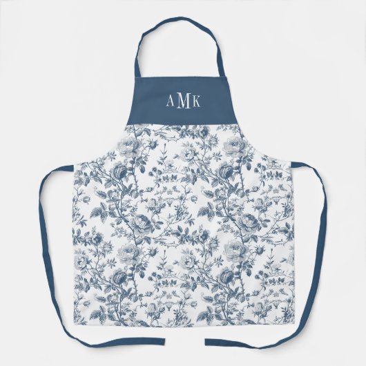 Blue White French Toile Monogram Apron Schürze (Vorderseite)