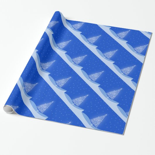 Blue White Frohe Weihnachtsbaummuster mit Sternen Geschenkpapier (Ungerollt)
