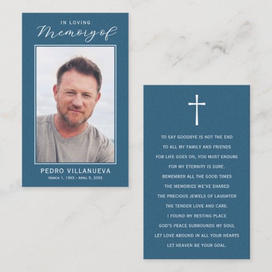 Blue & White Funeral Prayer Photo Sympathy Cards Visitenkarte (Vorne/Hinten)