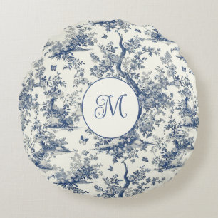 Blue White Garden Butterfly French Toile Rundes Kissen