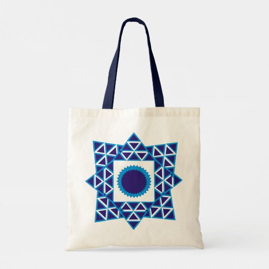 Blue White Geometric Triangle Star Mandala Tragetasche (Rückseite)
