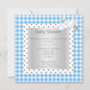 Blue White Gingham Babydusche Single Storch Einladung