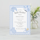 Blue White Gingham Boy Baby Dusche Einladung (Stehend Vorderseite)