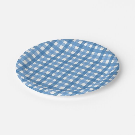 Blue & White Gingham Karo Babydusche Papierplatte Pappteller (Schrägansicht)