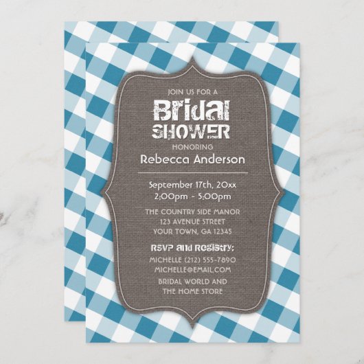 Blue & White Gingham Leinwand Brautparty Einladung (Vorne/Hinten)