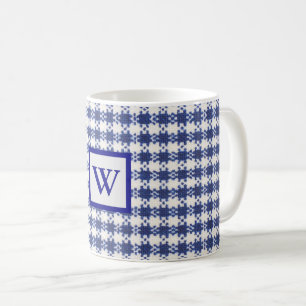 Blue & White Gingham, Monogramm, Bauernhaus-Tasse Kaffeetasse