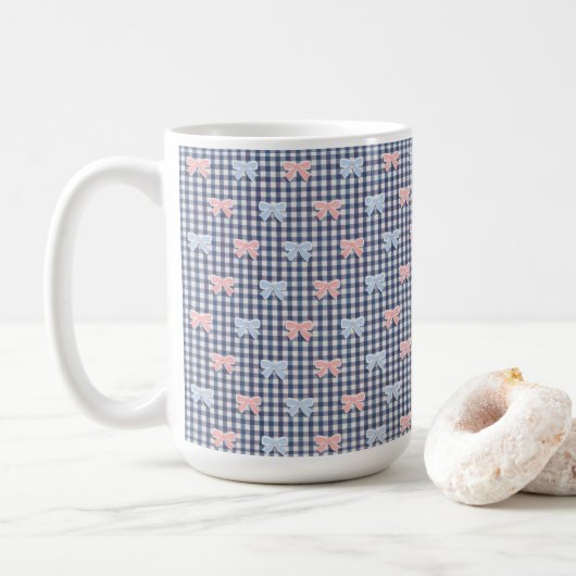 Blue White Gingham Pink Blue Coquette Bows Trendy  Kaffeetasse (Mit Donut)