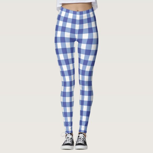 Blue & White Gingham Schachbrett Karos Kariert Leggings (Vorderseite)