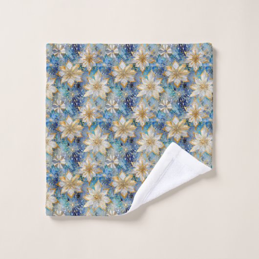 Blue White Gold Christmas Poinsettias Badhandtuch Set (Waschlappen)