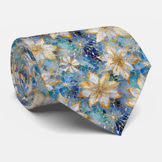 Blue White Gold Christmas Poinsettias Krawatte (Gerollt)