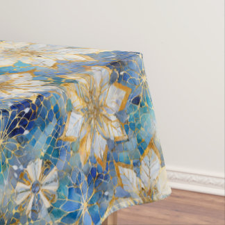 Blue White Gold Christmas Poinsettias Tischdecke