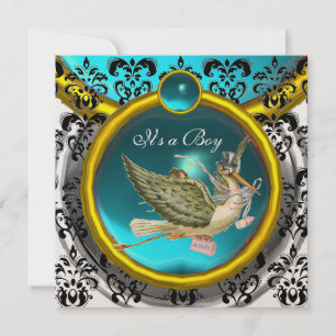 BLUE WHITE GOLD DAMASK STORK BABY SHOWER MONOGRAM EINLADUNG