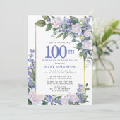 Blue White Gold Floral 100. Geburtstag Abendessen Einladung (Stehend Vorderseite)