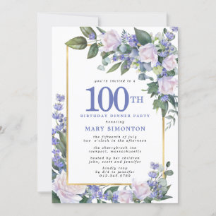 Blue White Gold Floral 100. Geburtstag Abendessen Einladung