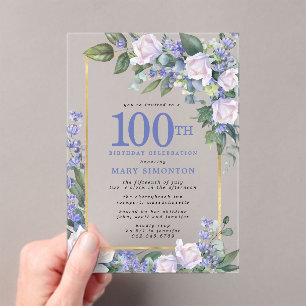Blue White Gold Floral 100. Geburtstag Acryleinladungen