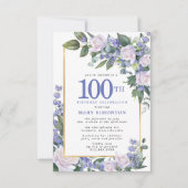 Blue White Gold Floral 100. Geburtstag Einladung (Vorderseite)
