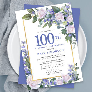 Blue White Gold Floral 100. Geburtstag Einladung