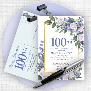 Blue White Gold Floral 100. Geburtstagsparty Einladungspostkarte