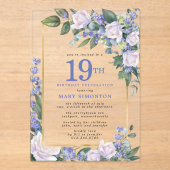Blue White Gold Floral 19. Geburtstag Acryleinladungen (Vorderseite)