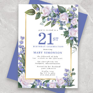 Blue White Gold Floral 21. Geburtstag Einladung