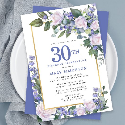 Blue White Gold Floral 30. Geburtstag Einladung