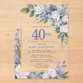 Blue White Gold Floral 40. Geburtstag Acryleinladungen (Vorderseite)