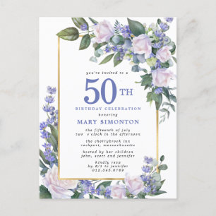 Blue White Gold Floral 50. Geburtstagsparty Einladungspostkarte