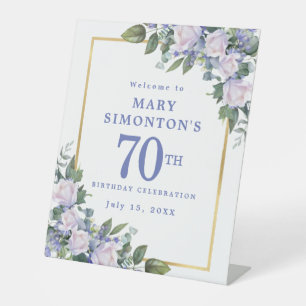 Blue White Gold Floral 70. Geburtstag Willkommen Sockelschild