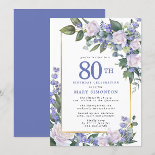 Blue White Gold Floral 80. Geburtstag Einladung