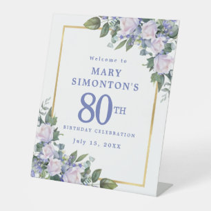 Blue White Gold Floral 80. Geburtstag Willkommen Sockelschild