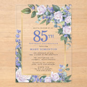 Blue White Gold Floral 85. Geburtstag Acryleinladungen (Vorderseite)