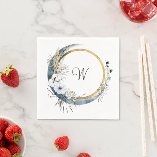 Blue White Gold Floral Monogram Boho Wedding Serviette (Beispiel)