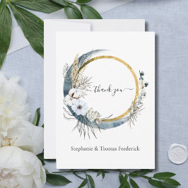 Blue White Gold Floral Watercolor Boho Wedding Dankeskarte
