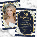 Blue White Gold Foto 50. Geburtstag Einladung<br><div class="desc">Elegante florale feminine 50. Geburtstagseinladung mit Ihrem Foto auf der Kartenrückseite. Glam Marineblau-Design mit Imitaten Glitzer Gold. Es gibt marineblaue und weiße Streifen, weiße Rosen, Skript-Schriftart und Konfetti. Ideal für ein stilvolles Party für Erwachsene. Personalisieren Sie Ihre persönlichen Daten. Kann für jedes Alter angepasst werden! Gedruckte Zazzle Einladungen oder Sofortdownload...</div>