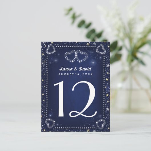 Blue White Gold Hearts & Stars Tischnummer Cards (Stehend Vorderseite)