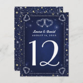 Blue White Gold Hearts & Stars Tischnummer Cards (Vorne/Hinten)