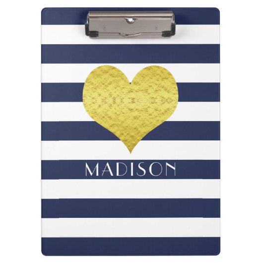 Blue White Gold Herzdesign Ihr Name Klemmbrett (Vorderseite)