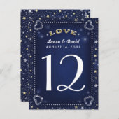 Blue White & Gold Liebe & Stars Tischnummer Cards (Vorne/Hinten)