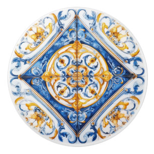 Blue White Gold Look Talavera Azulejo Tile Keramikknauf