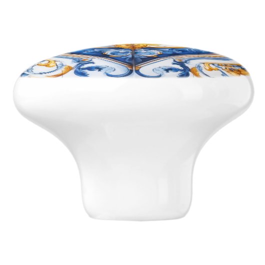 Blue White Gold Look Talavera Azulejo Tile Keramikknauf (Seitenansicht)