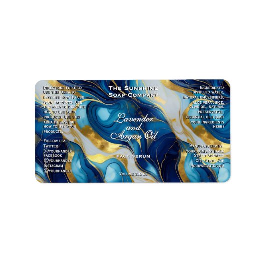 Blue White Gold Marmor Kosmetik Dropper Flasche Adressaufkleber (Vorne)