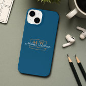 Blue White Gold Monogram Name Script iPhone Hülle